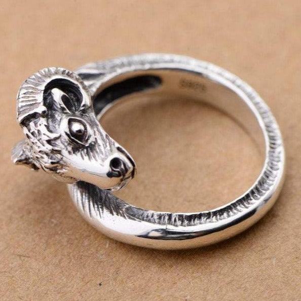 Ring 925 Sterling Silver Adjustable Goat Ring Ram Steampunk Gothic Nature Ring Punk Green Witch Sheep Ring Vintage Gift Magic Black Hand
