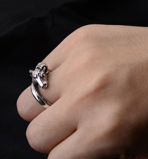 Ring 925 Sterling Silver Adjustable Goat Ring Ram Steampunk Gothic Nature Ring Punk Green Witch Sheep Ring Vintage Gift Magic Black Hand